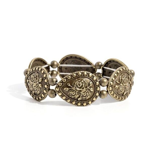 Paparazzi Jewelry Roaring Rose Brass Stretch Bracelet Bold Laser Cut Wide New - Picture 2 of 2